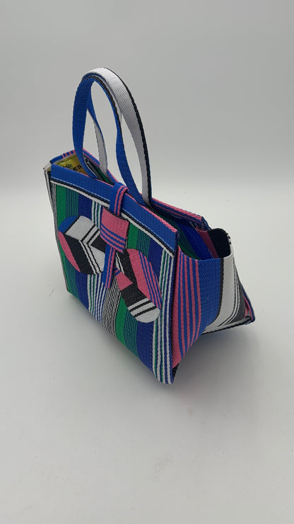 Emerald Medium  handwoven tote bag by SCRUBIES in Blue,Pink,White,Black with Stripes design and Bow accent pattern