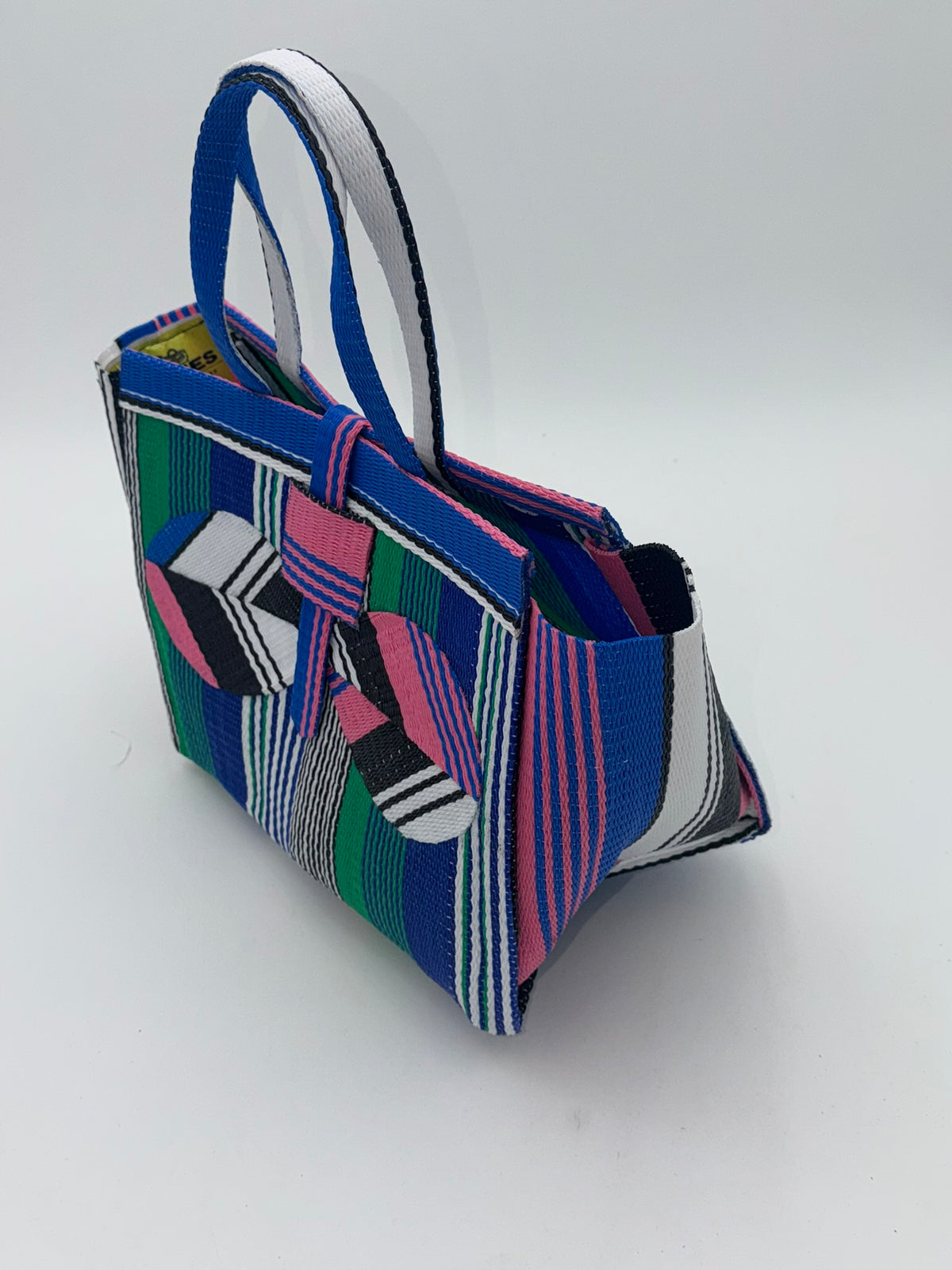 Emerald Medium  handwoven tote bag by SCRUBIES in Blue,Pink,White,Black with Stripes design and Bow accent pattern