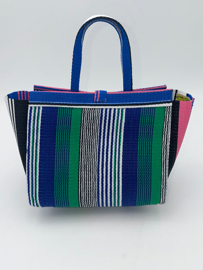 Emerald Medium  handwoven tote bag by SCRUBIES in Blue,Pink,White,Black with Stripes design and Bow accent pattern