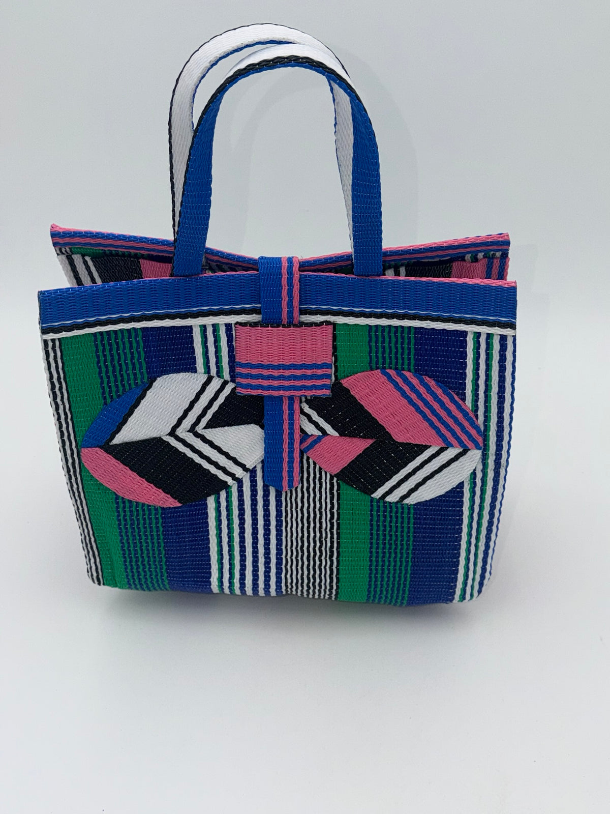 Emerald Medium  handwoven tote bag by SCRUBIES in Blue,Pink,White,Black with Stripes design and Bow accent pattern