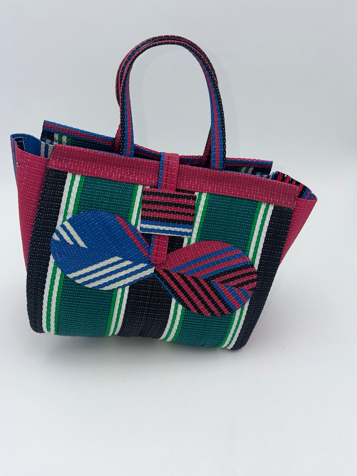 Emerald Medium  handwoven tote bag by SCRUBIES in Blue,Pink,White,Black with Stripes design and Bow accent pattern