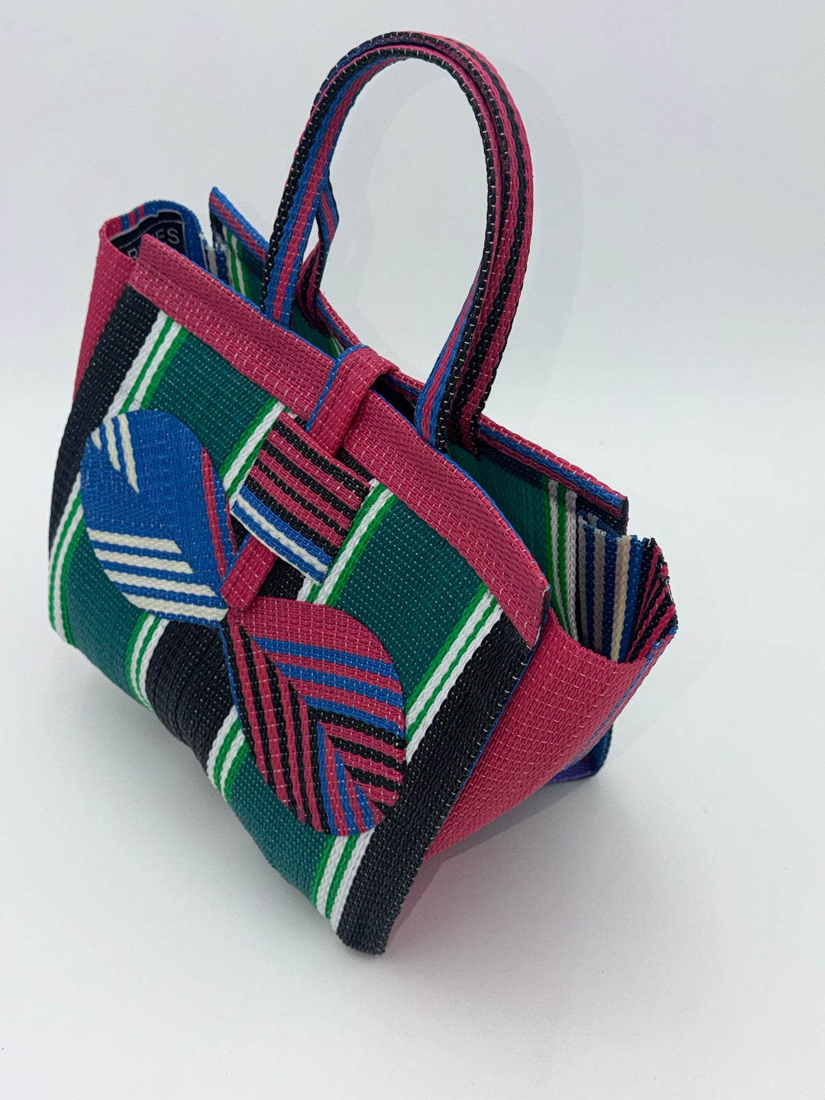 Emerald Medium  handwoven tote bag by SCRUBIES in Blue,Pink,White,Black with Stripes design and Bow accent pattern