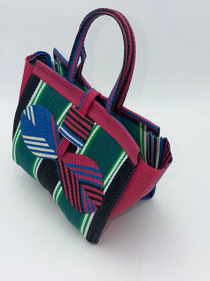 Emerald Medium  handwoven tote bag by SCRUBIES in Blue,Pink,White,Black with Stripes design and Bow accent pattern