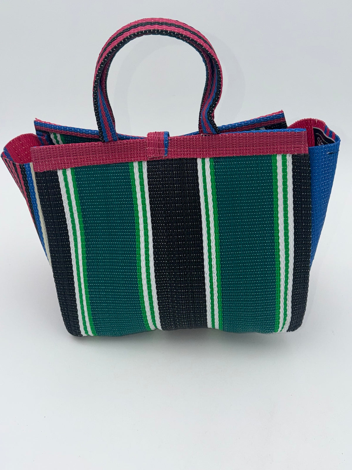 Emerald Medium  handwoven tote bag by SCRUBIES in Blue,Pink,White,Black with Stripes design and Bow accent pattern
