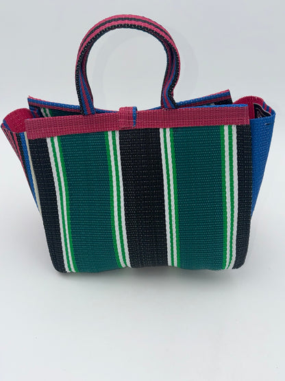 Emerald Medium  handwoven tote bag by SCRUBIES in Blue,Pink,White,Black with Stripes design and Bow accent pattern