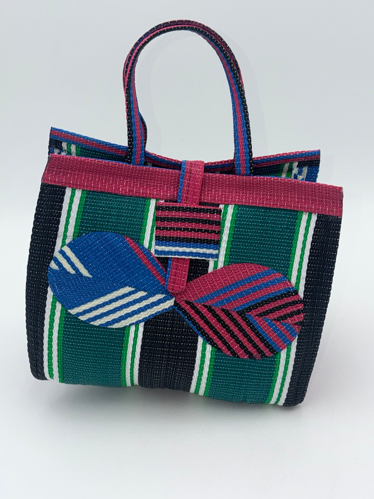 Emerald Medium  handwoven tote bag by SCRUBIES in Blue,Pink,White,Black with Stripes design and Bow accent pattern
