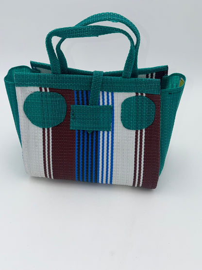 Pearl Medium  handwoven tote bag by SCRUBIES in Green,White,Brown,Blue with Stripes design and Circle accent pattern
