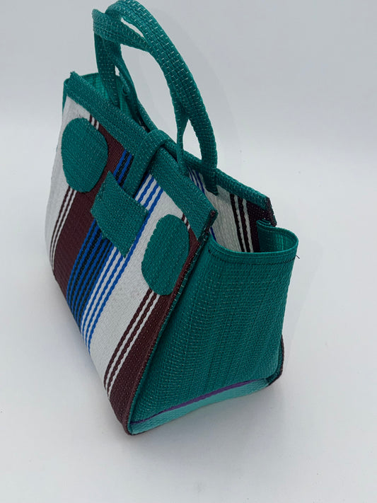 Pearl Medium  handwoven tote bag by SCRUBIES in Green,White,Brown,Blue with Stripes design and Circle accent pattern