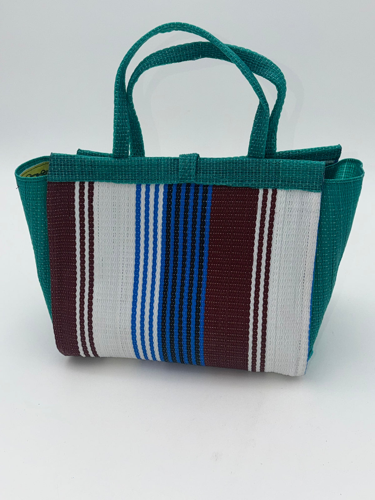 Pearl Medium  handwoven tote bag by SCRUBIES in Green,White,Brown,Blue with Stripes design and Circle accent pattern
