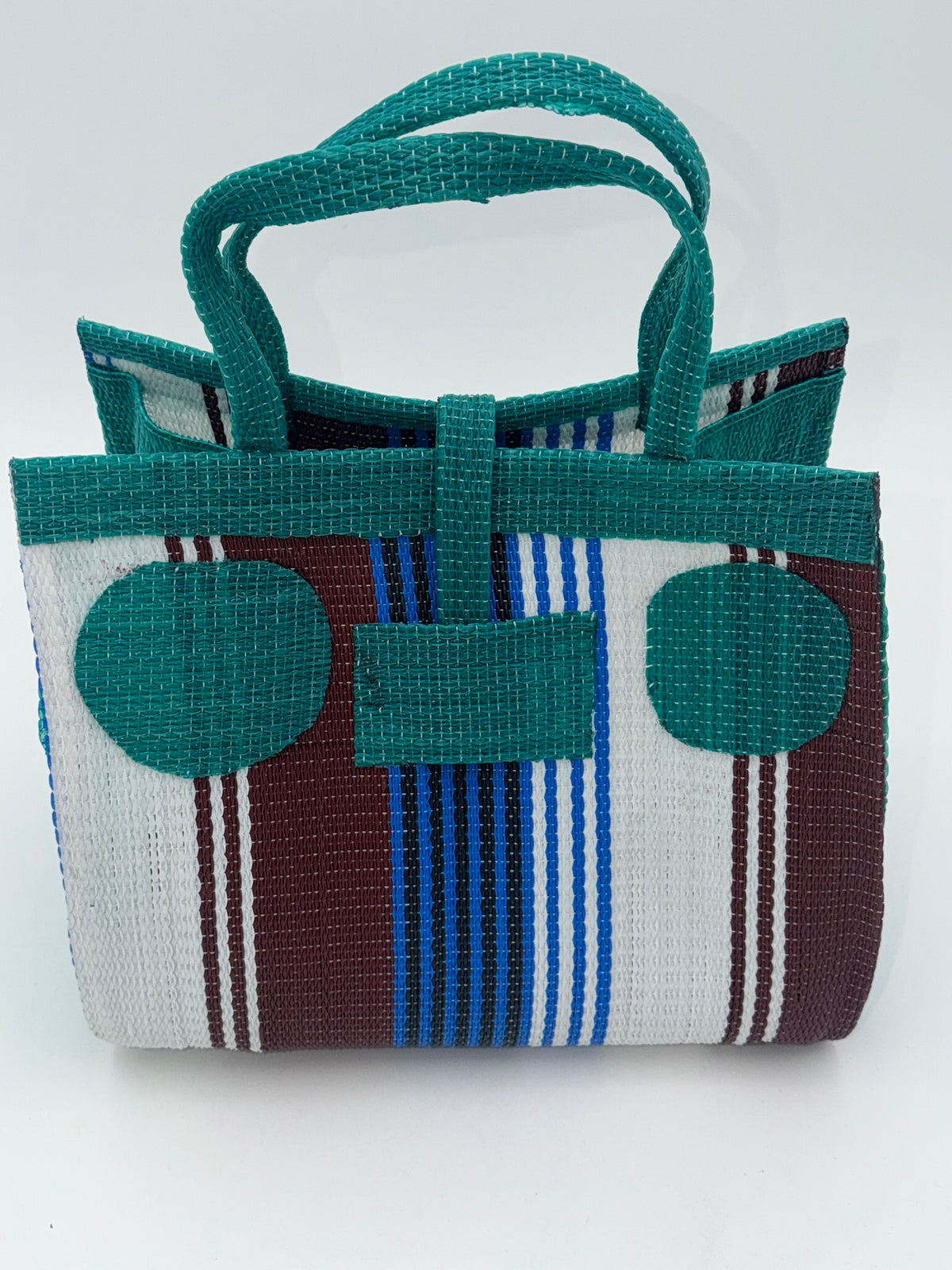 Pearl Medium  handwoven tote bag by SCRUBIES in Green,White,Brown,Blue with Stripes design and Circle accent pattern
