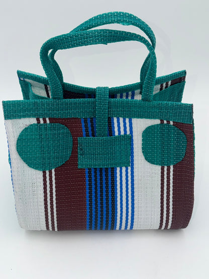 Pearl Medium  handwoven tote bag by SCRUBIES in Green,White,Brown,Blue with Stripes design and Circle accent pattern