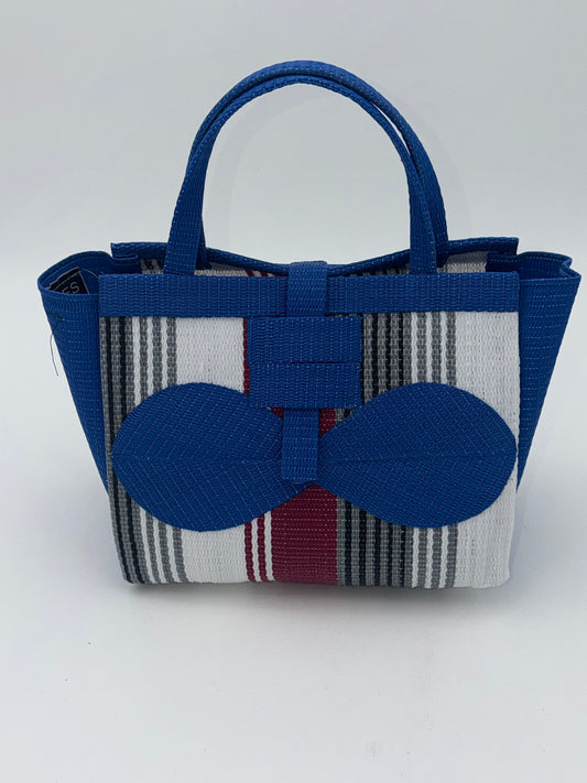 Pearl Medium  handwoven tote bag by SCRUBIES in Blue,White,Gray,Wine with Stripes design and Bow accent pattern