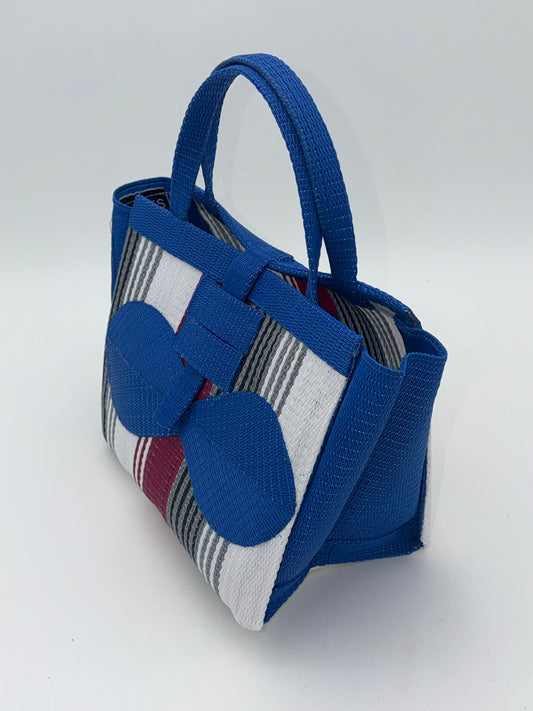 Pearl Medium  handwoven tote bag by SCRUBIES in Blue,White,Gray,Wine with Stripes design and Bow accent pattern