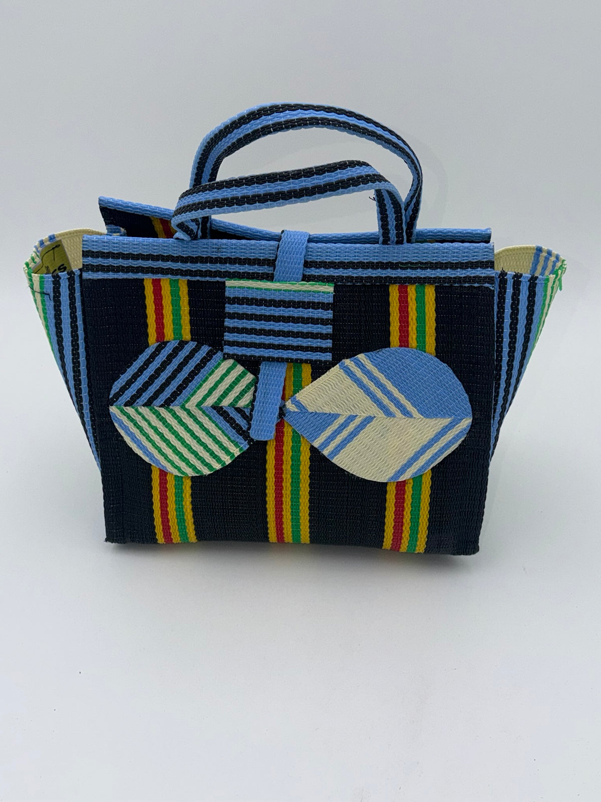 Midnight Medium  handwoven tote bag by SCRUBIES in Black,Blue,Yellow with Stripes design and Bow accent pattern