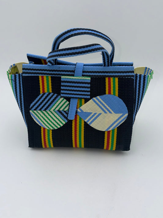Midnight Medium  handwoven tote bag by SCRUBIES in Black,Blue,Yellow with Stripes design and Bow accent pattern