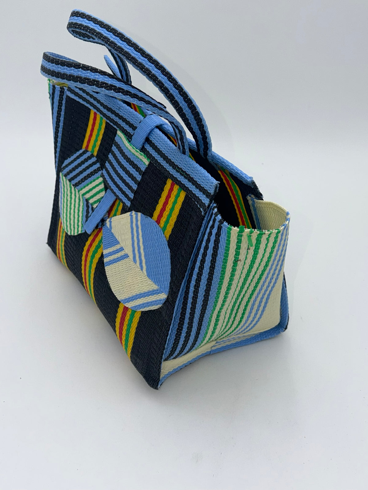 Midnight Medium  handwoven tote bag by SCRUBIES in Black,Blue,Yellow with Stripes design and Bow accent pattern
