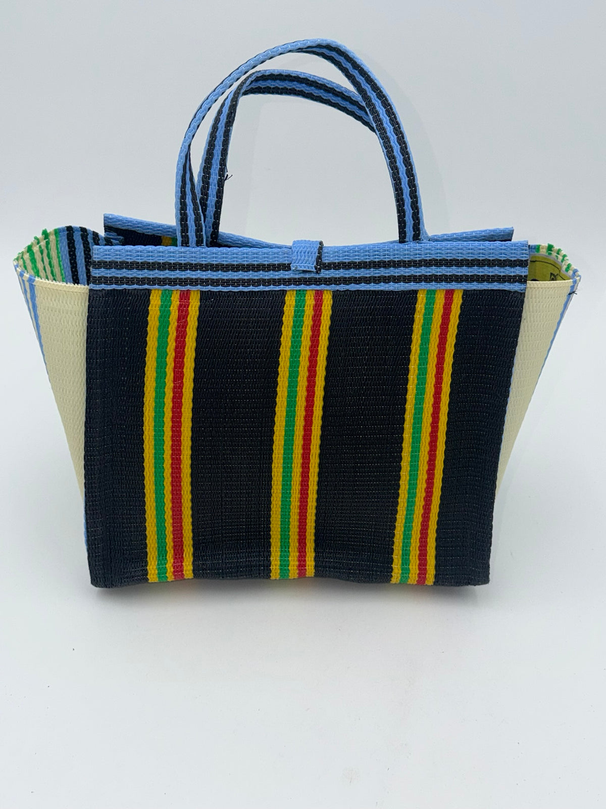 Midnight Medium  handwoven tote bag by SCRUBIES in Black,Blue,Yellow with Stripes design and Bow accent pattern
