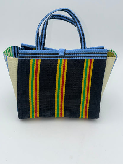 Midnight Medium  handwoven tote bag by SCRUBIES in Black,Blue,Yellow with Stripes design and Bow accent pattern