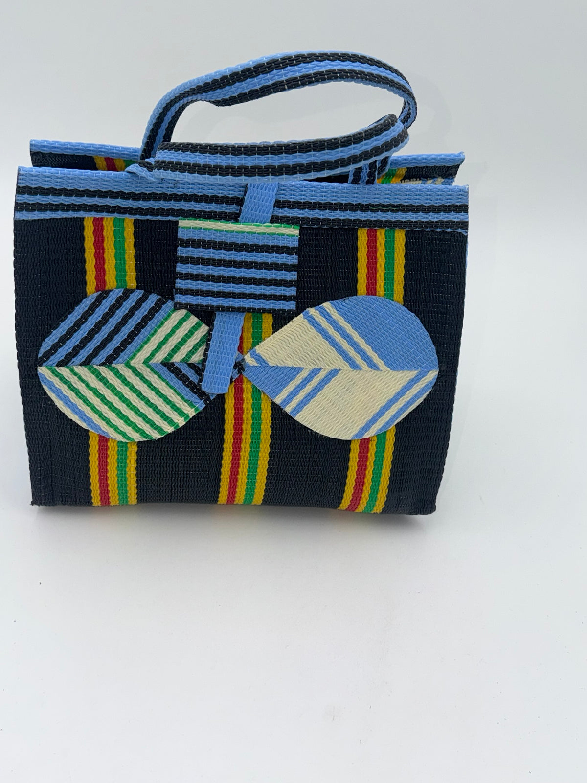 Midnight Medium  handwoven tote bag by SCRUBIES in Black,Blue,Yellow with Stripes design and Bow accent pattern