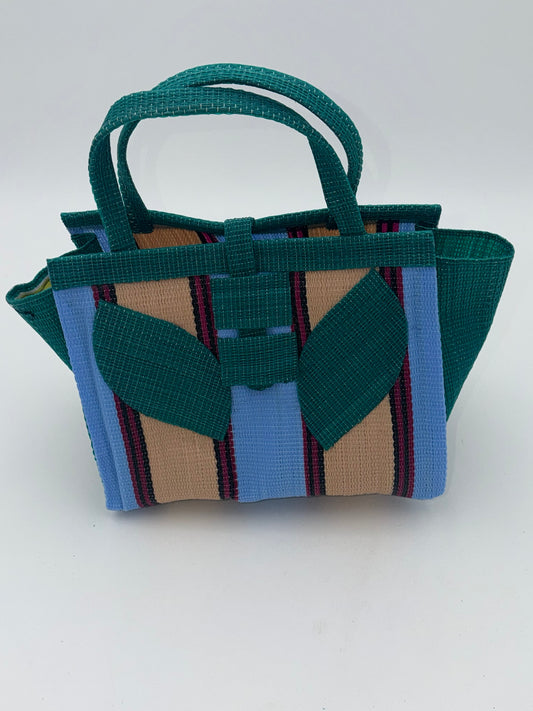 Beige Medium  handwoven tote bag by SCRUBIES in Green,Blue,Beige, with Stripes design and Leaf accent pattern