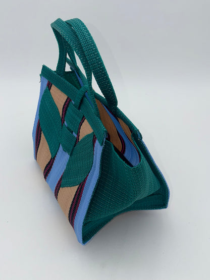 Beige Medium  handwoven tote bag by SCRUBIES in Green,Blue,Beige, with Stripes design and Leaf accent pattern