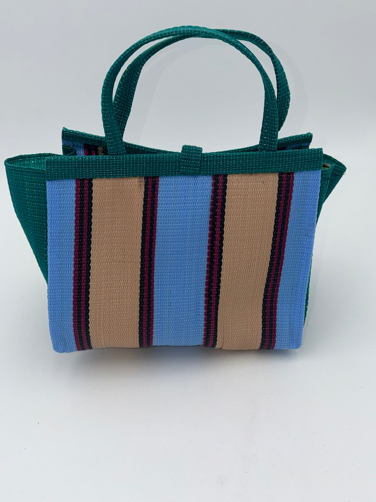 Beige Medium  handwoven tote bag by SCRUBIES in Green,Blue,Beige, with Stripes design and Leaf accent pattern