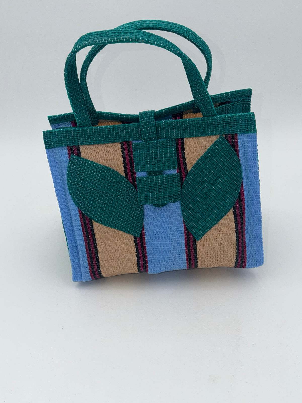 Beige Medium  handwoven tote bag by SCRUBIES in Green,Blue,Beige, with Stripes design and Leaf accent pattern