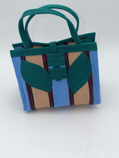 Beige Medium  handwoven tote bag by SCRUBIES in Green,Blue,Beige, with Stripes design and Leaf accent pattern