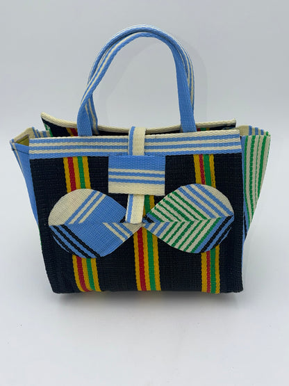 Midnight Medium  handwoven tote bag by SCRUBIES in Black,Yellow,Blue with Stripes design and Bow accent pattern