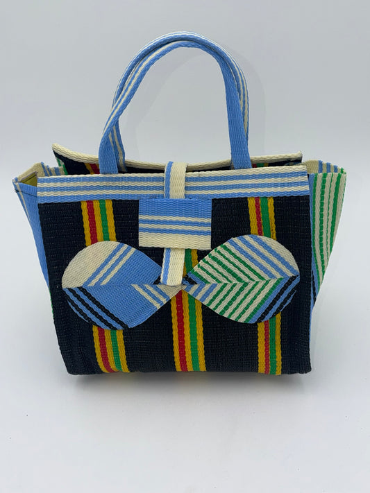 Midnight Medium  handwoven tote bag by SCRUBIES in Black,Yellow,Blue with Stripes design and Bow accent pattern