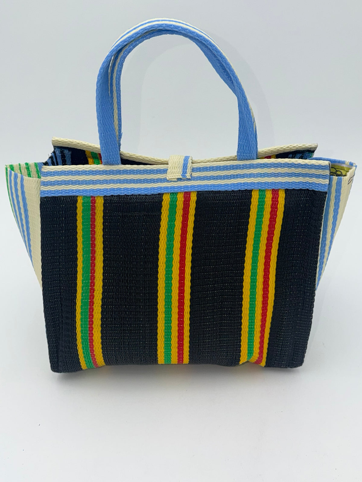 Midnight Medium  handwoven tote bag by SCRUBIES in Black,Yellow,Blue with Stripes design and Bow accent pattern