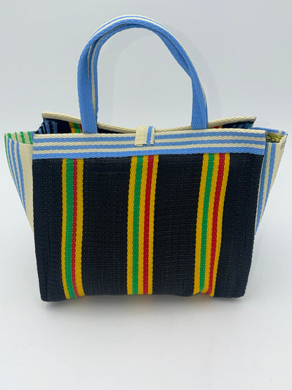 Midnight Medium  handwoven tote bag by SCRUBIES in Black,Yellow,Blue with Stripes design and Bow accent pattern