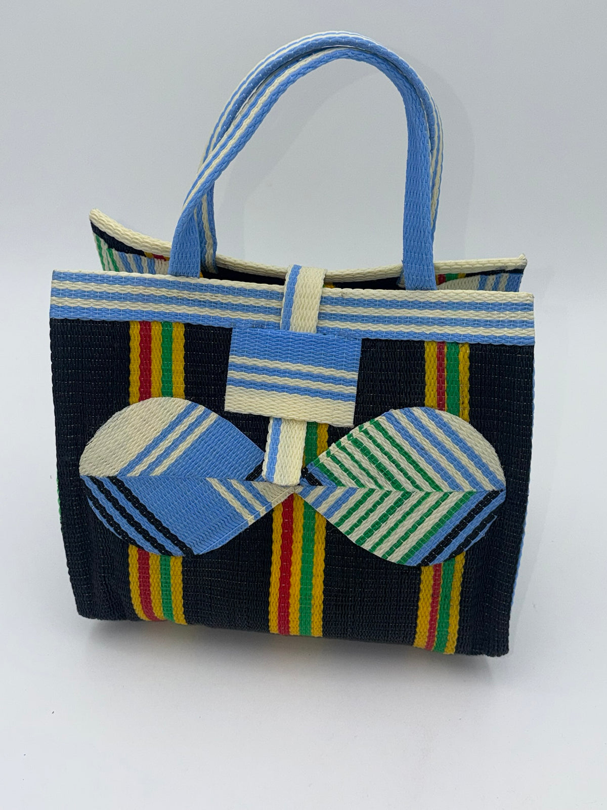 Midnight Medium  handwoven tote bag by SCRUBIES in Black,Yellow,Blue with Stripes design and Bow accent pattern