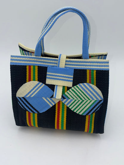 Midnight Medium  handwoven tote bag by SCRUBIES in Black,Yellow,Blue with Stripes design and Bow accent pattern