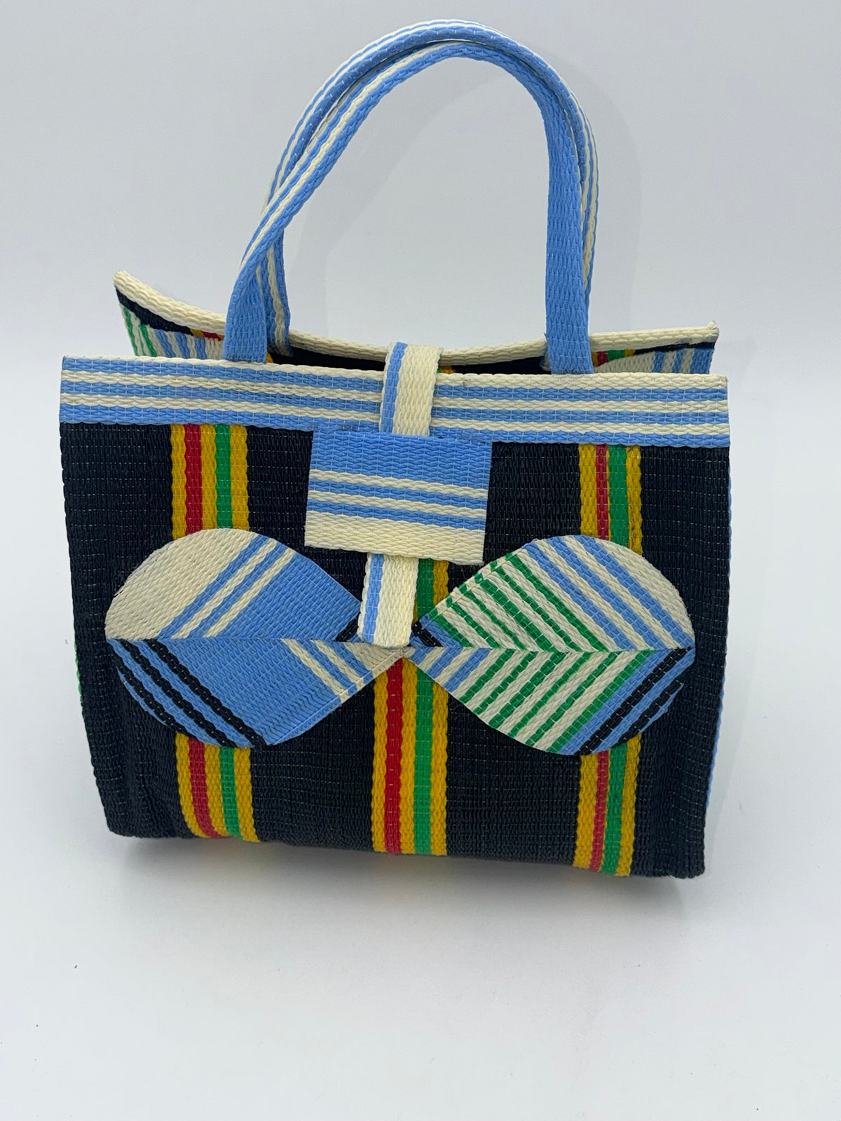 Midnight Medium  handwoven tote bag by SCRUBIES in Black,Yellow,Blue with Stripes design and Bow accent pattern