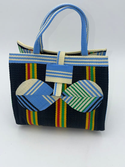 Midnight Medium  handwoven tote bag by SCRUBIES in Black,Yellow,Blue with Stripes design and Bow accent pattern