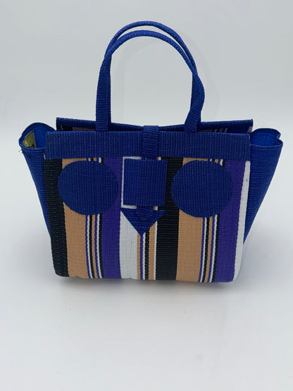 Beige Medium  handwoven tote bag by SCRUBIES in Blue,Purple,Beige,White,Black, with Stripes design and Circle accent pattern