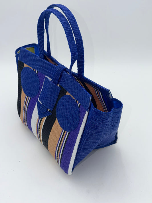 Beige Medium  handwoven tote bag by SCRUBIES in Blue,Purple,Beige,White,Black, with Stripes design and Circle accent pattern