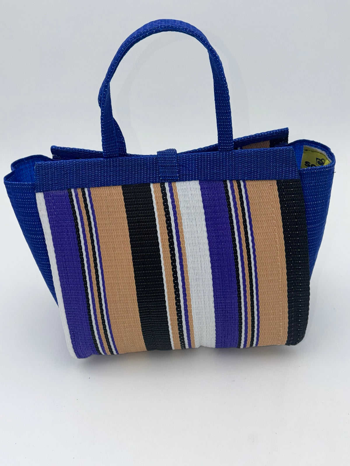 Beige Medium  handwoven tote bag by SCRUBIES in Blue,Purple,Beige,White,Black, with Stripes design and Circle accent pattern