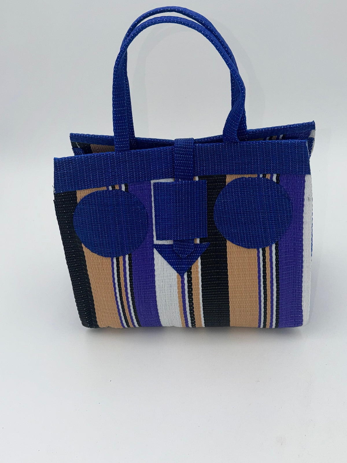 Beige Medium  handwoven tote bag by SCRUBIES in Blue,Purple,Beige,White,Black, with Stripes design and Circle accent pattern