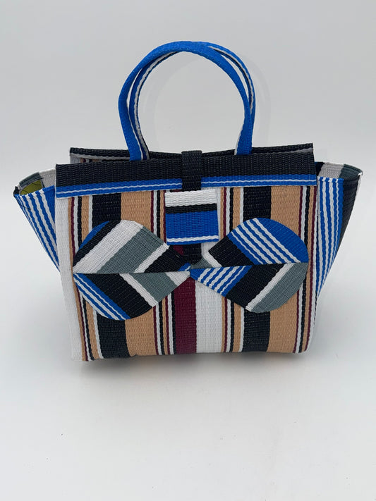 Beige Medium  handwoven tote bag by SCRUBIES in Black,Beige,Gray,White,Blue with Stripes design and Bow accent pattern