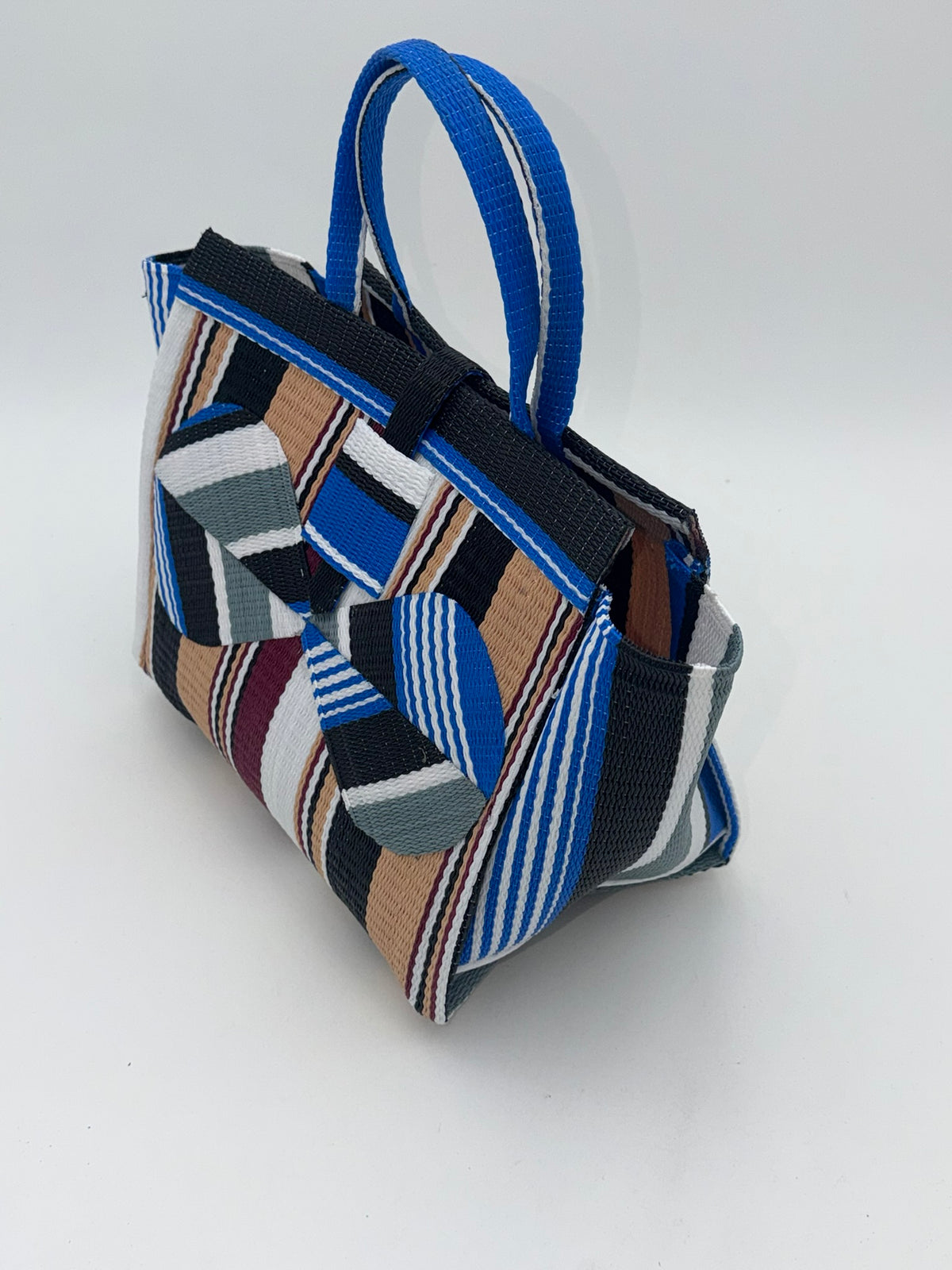 Beige Medium  handwoven tote bag by SCRUBIES in Black,Beige,Gray,White,Blue with Stripes design and Bow accent pattern