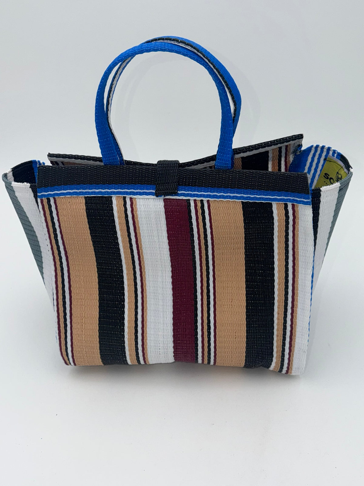Beige Medium  handwoven tote bag by SCRUBIES in Black,Beige,Gray,White,Blue with Stripes design and Bow accent pattern