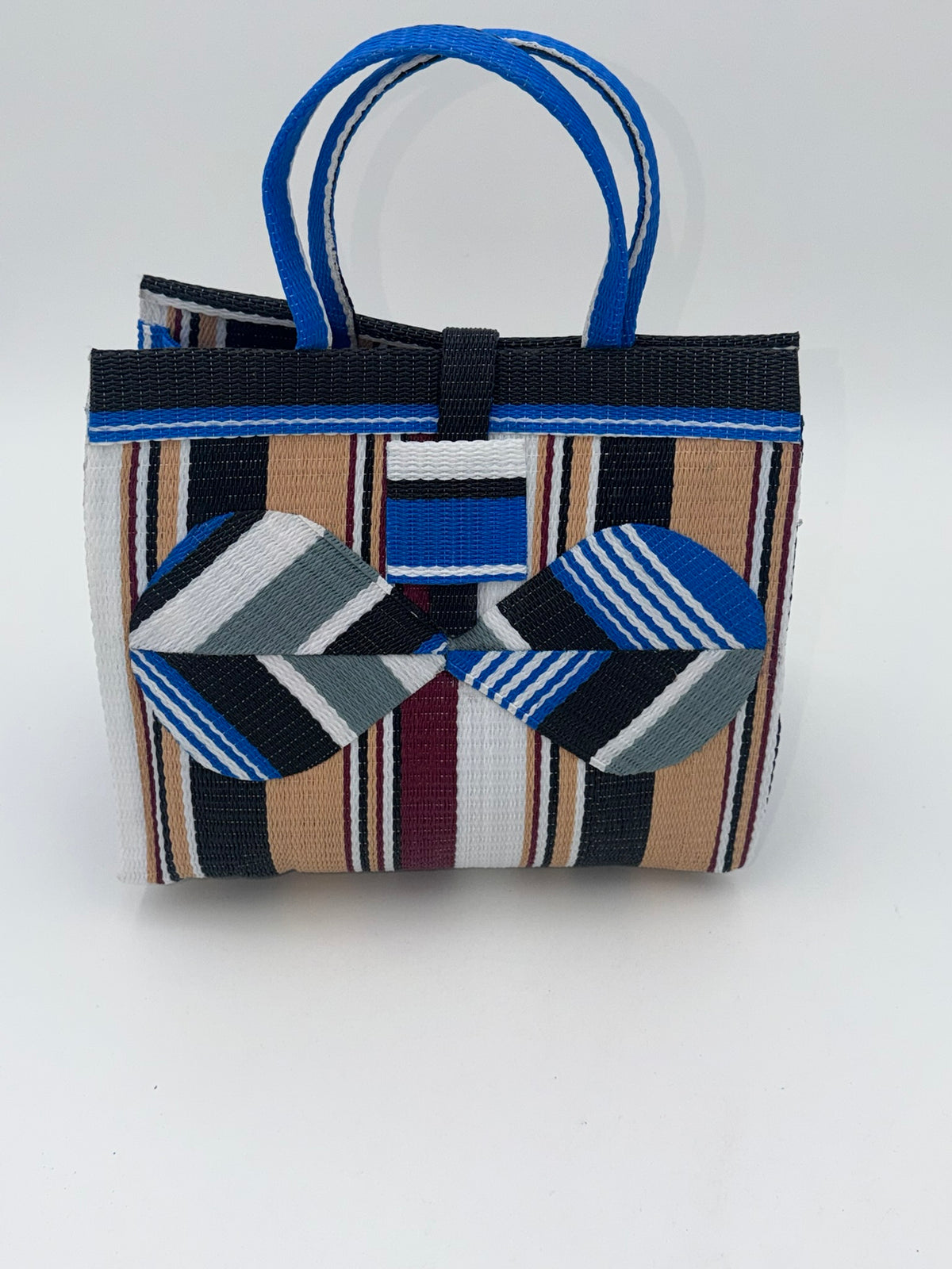 Beige Medium  handwoven tote bag by SCRUBIES in Black,Beige,Gray,White,Blue with Stripes design and Bow accent pattern