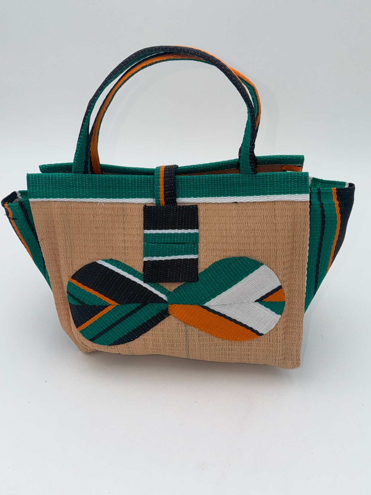 Beige Medium  handwoven tote bag by SCRUBIES in Beige,Green,Orange,White with Solid design and Bow accent pattern