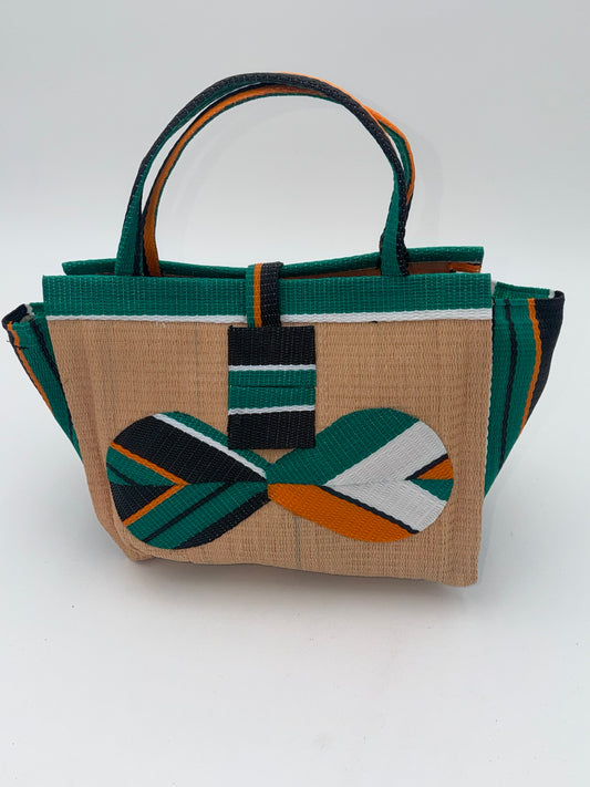 Beige Medium  handwoven tote bag by SCRUBIES in Beige,Green,Orange,White with Solid design and Bow accent pattern