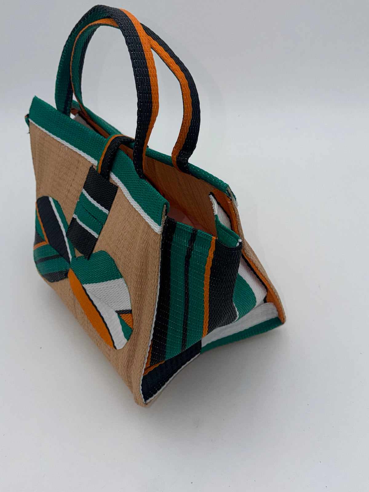 Beige Medium  handwoven tote bag by SCRUBIES in Beige,Green,Orange,White with Solid design and Bow accent pattern