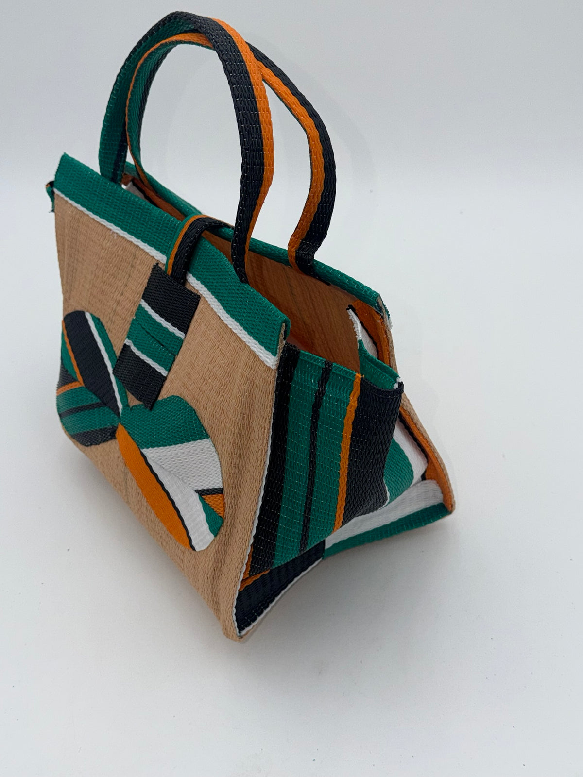 Beige Medium  handwoven tote bag by SCRUBIES in Beige,Green,Orange,White with Solid design and Bow accent pattern