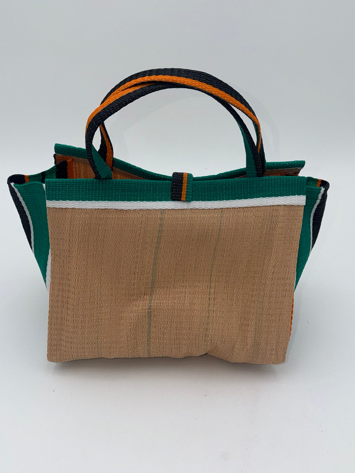 Beige Medium  handwoven tote bag by SCRUBIES in Beige,Green,Orange,White with Solid design and Bow accent pattern