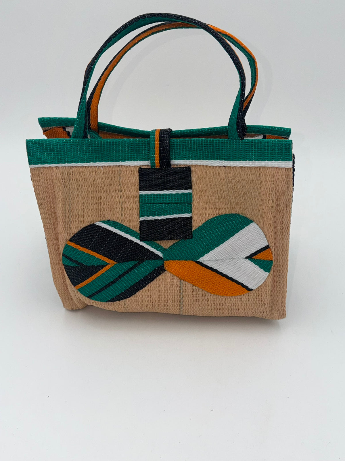 Beige Medium  handwoven tote bag by SCRUBIES in Beige,Green,Orange,White with Solid design and Bow accent pattern
